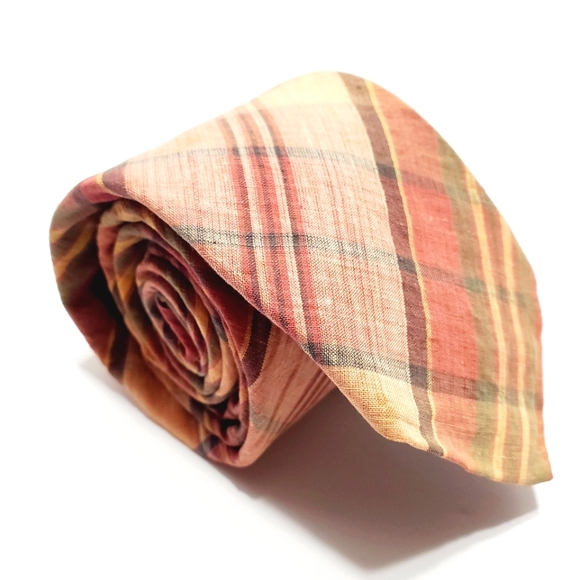 Neiman Marcus Necktie Tan Plaid Pattern Cotton Neck Tie 54x3" - Picture 1 of 5